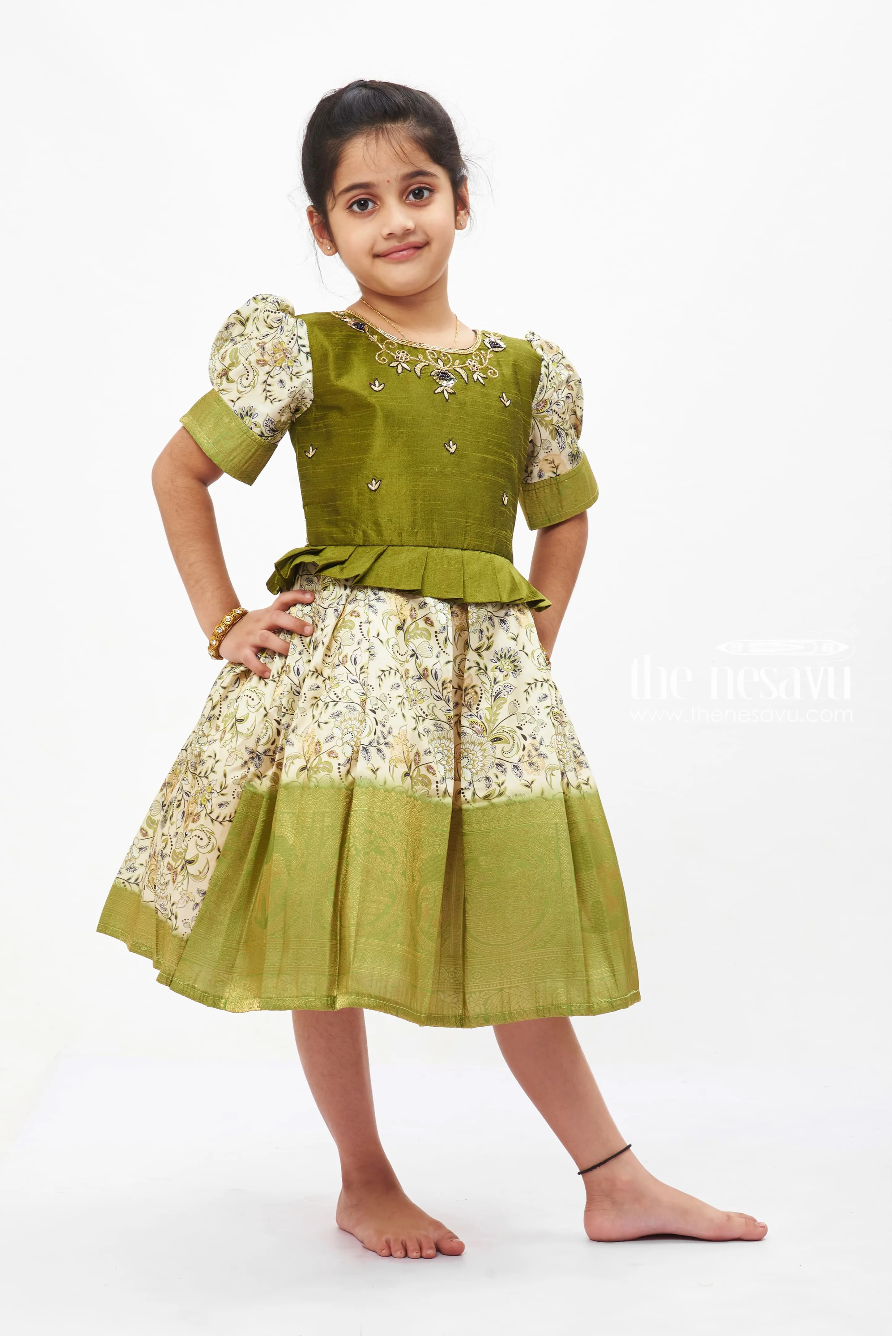 Enchanting Green Zari-Embroidered with Floral Print Silk Frock for Girls