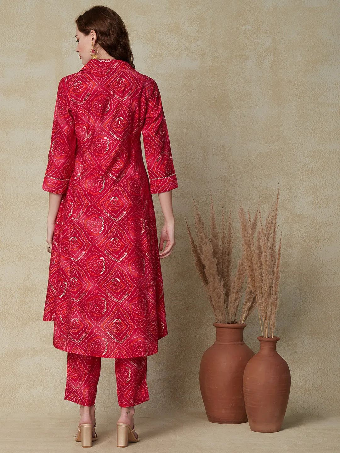 Ethnic Bandhani Printed A-line Asymmetric Hem Kurta with Pants - Magenta