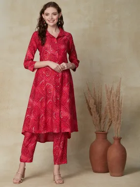 Ethnic Bandhani Printed A-line Asymmetric Hem Kurta with Pants - Magenta