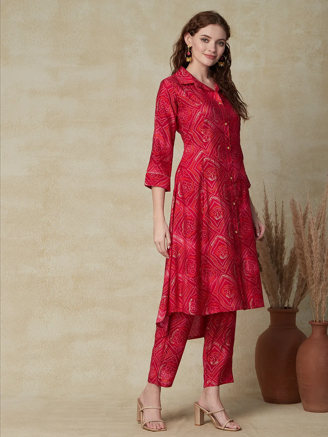 Ethnic Bandhani Printed A-line Asymmetric Hem Kurta with Pants - Magenta