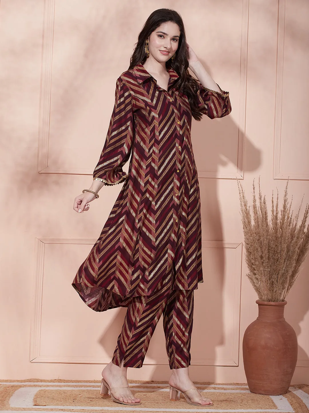 Ethnic Chevron Printed A-Line Paneled Kurta with Pant - Deep Purple