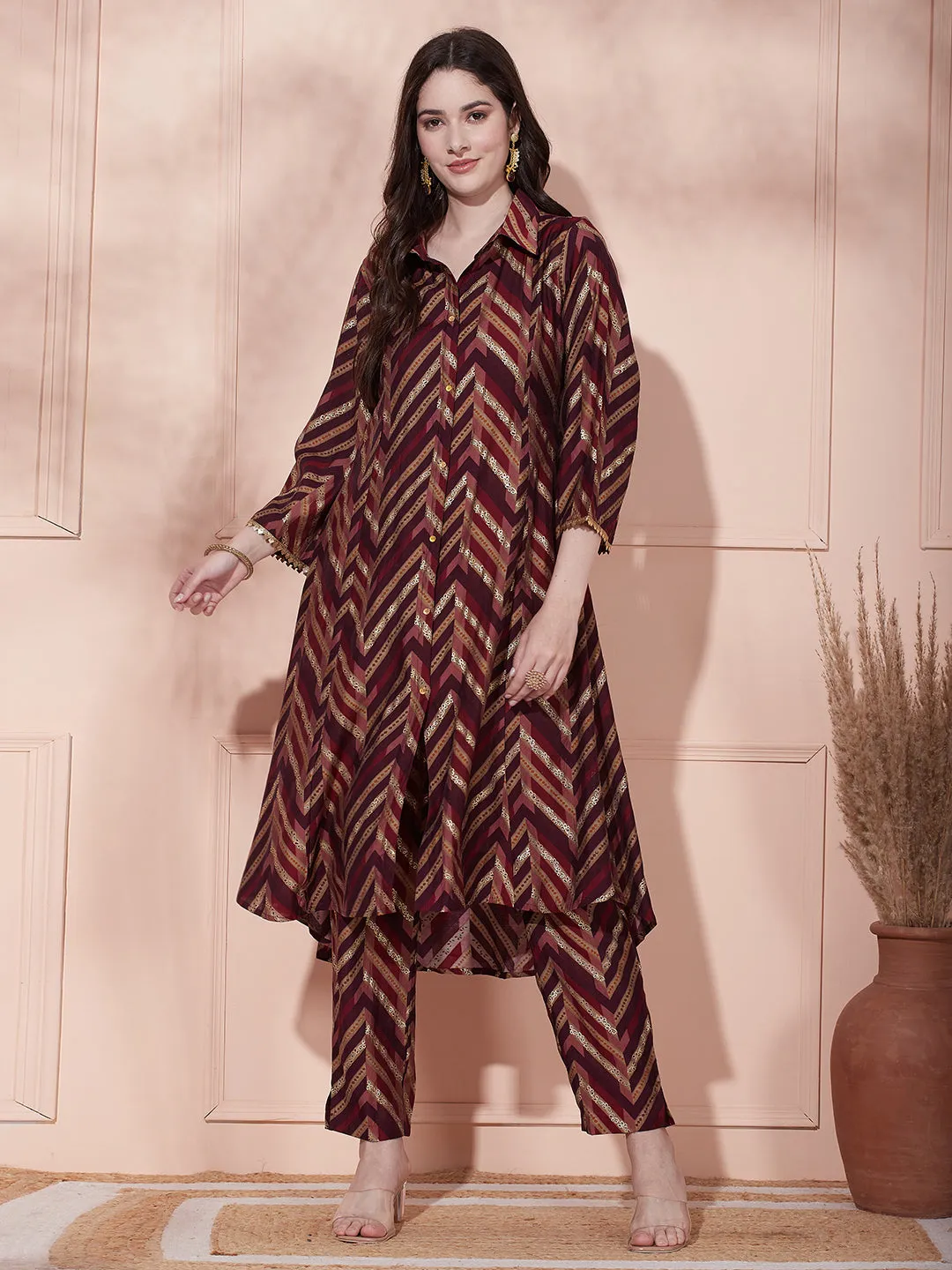 Ethnic Chevron Printed A-Line Paneled Kurta with Pant - Deep Purple