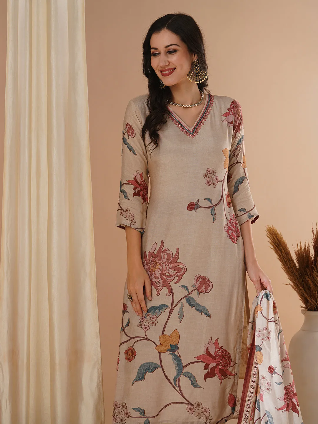 Ethnic Floral Printed & Embroidered Straight Fit Kurta with Pant and Dupatta - Beige