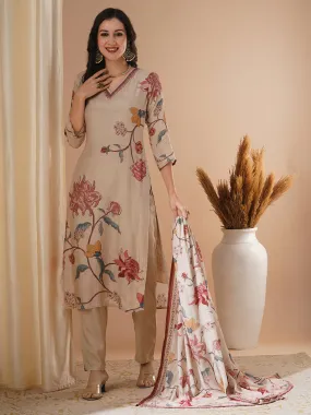 Ethnic Floral Printed & Embroidered Straight Fit Kurta with Pant and Dupatta - Beige