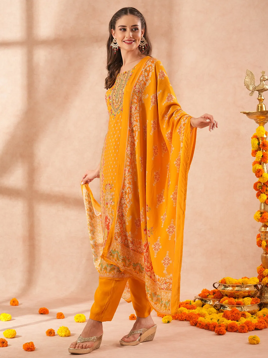 Ethnic Floral Printed Embroidered Straight Fit Kurta with Pant and Dupatta - Yellow