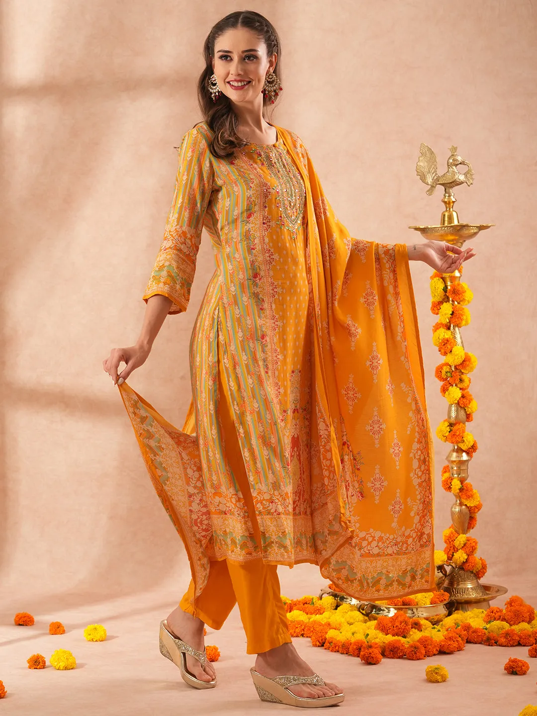 Ethnic Floral Printed Embroidered Straight Fit Kurta with Pant and Dupatta - Yellow