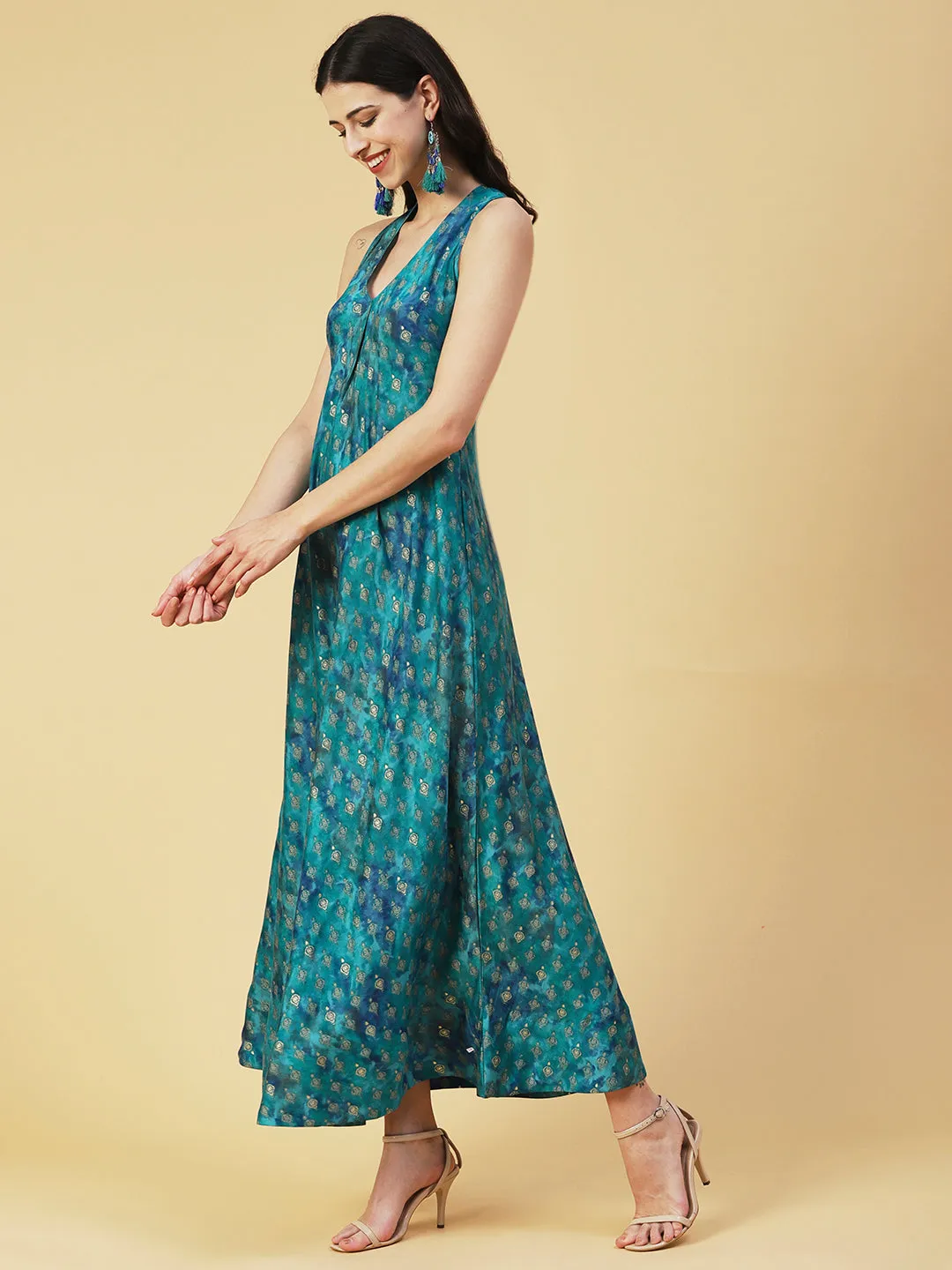 Ethnic Foil Printed A-line Flared Maxi Dress - Turquoise Blue