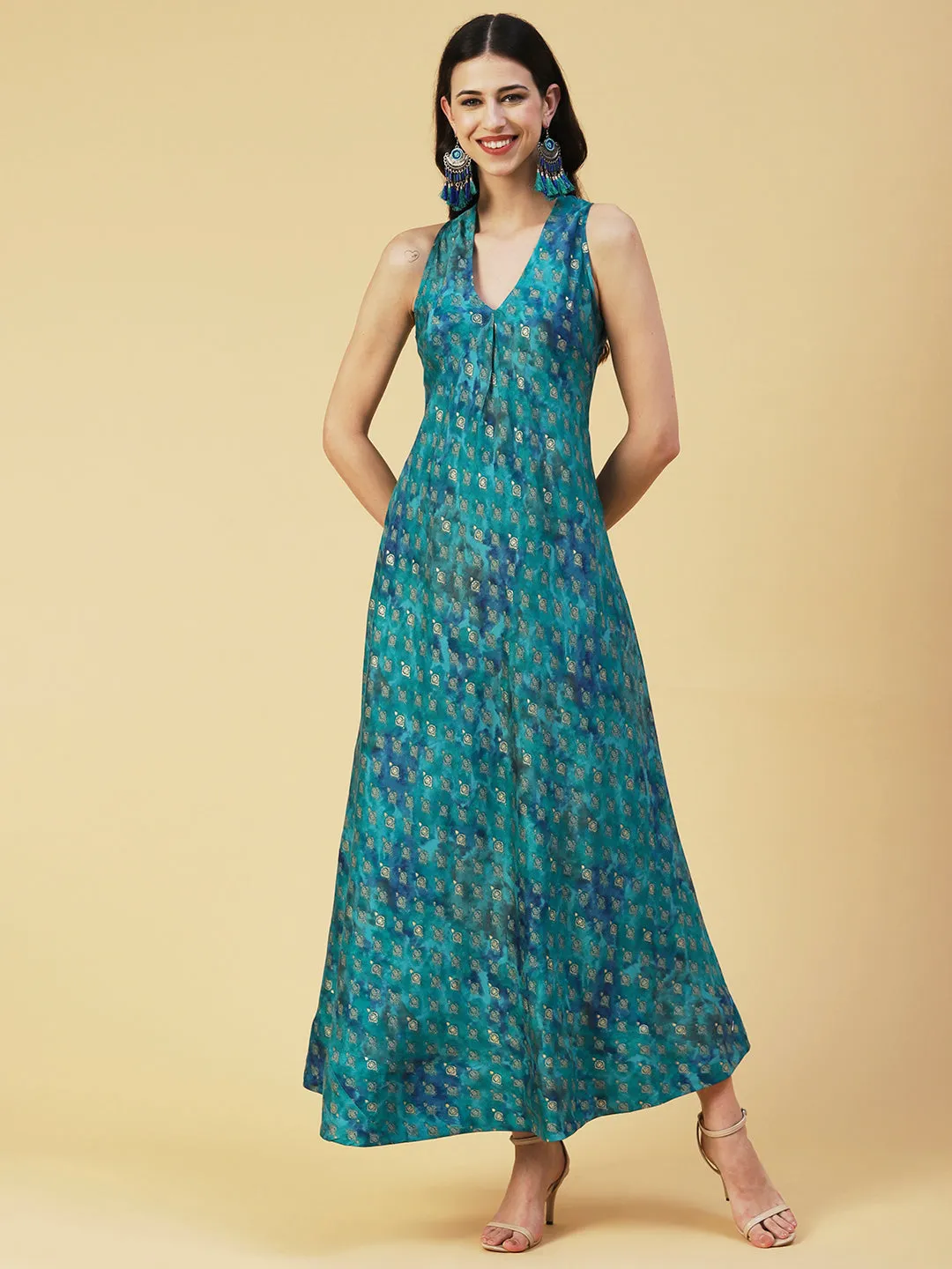 Ethnic Foil Printed A-line Flared Maxi Dress - Turquoise Blue