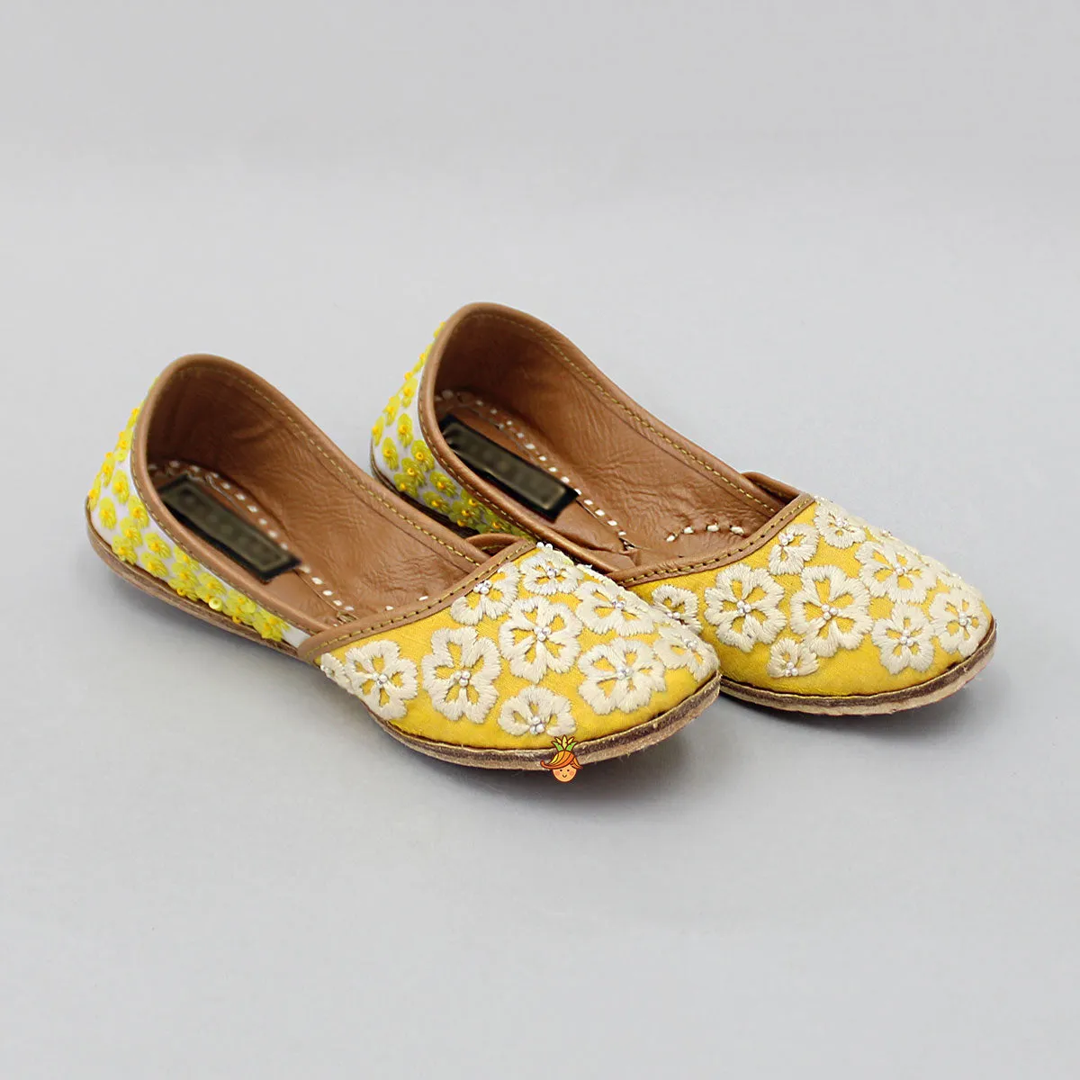 Exquisite Floral And Sequins Work Yellow Jutti