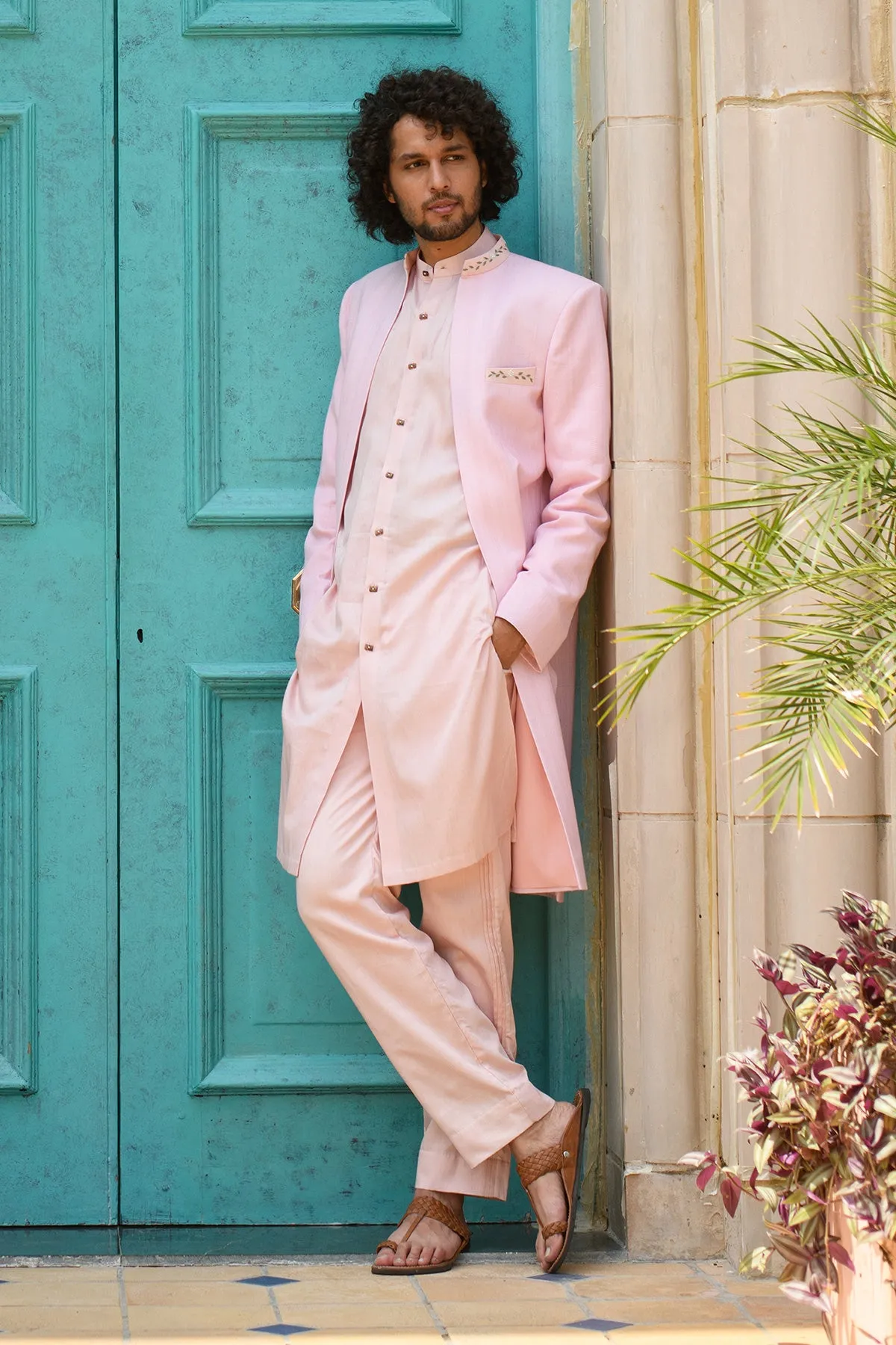 FARROKH-  Embroidered Pink Achkan Paired with Matching Kurta  &  Trouser set