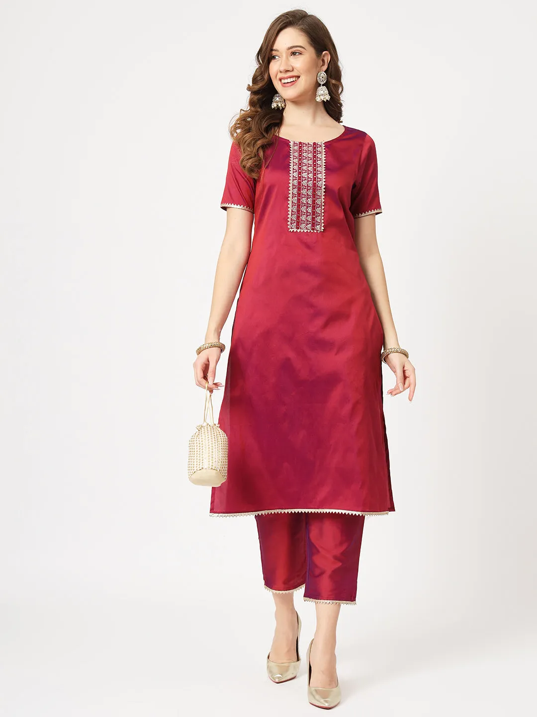 Festive Embroidered Round Neck Kurta And Contrasting Pants