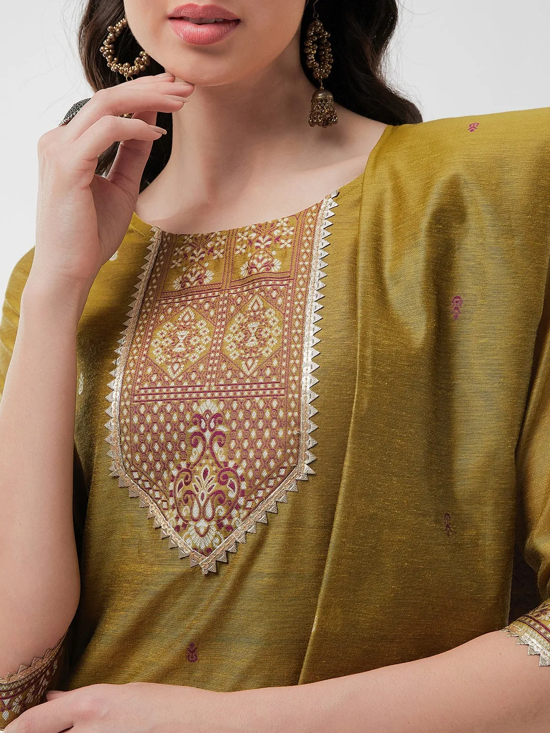 Festive Jacquard Neck Patch Kurta With Dupatta And Matching Pants