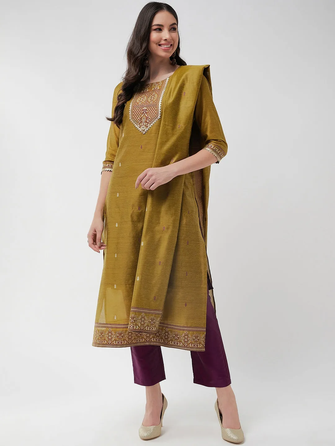 Festive Jacquard Neck Patch Kurta With Dupatta And Matching Pants