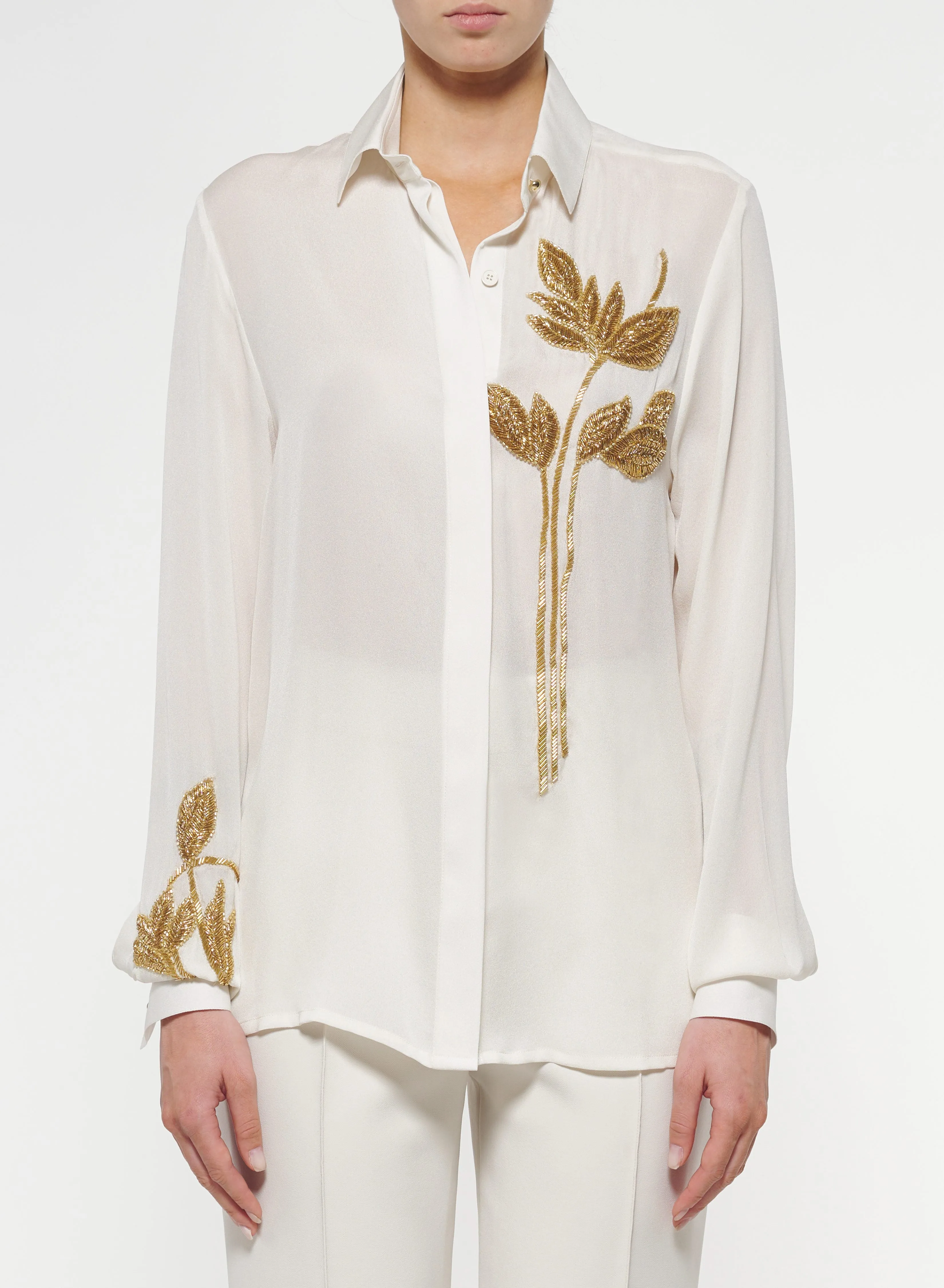 Gold Foliage Embroidered Silk Shirt