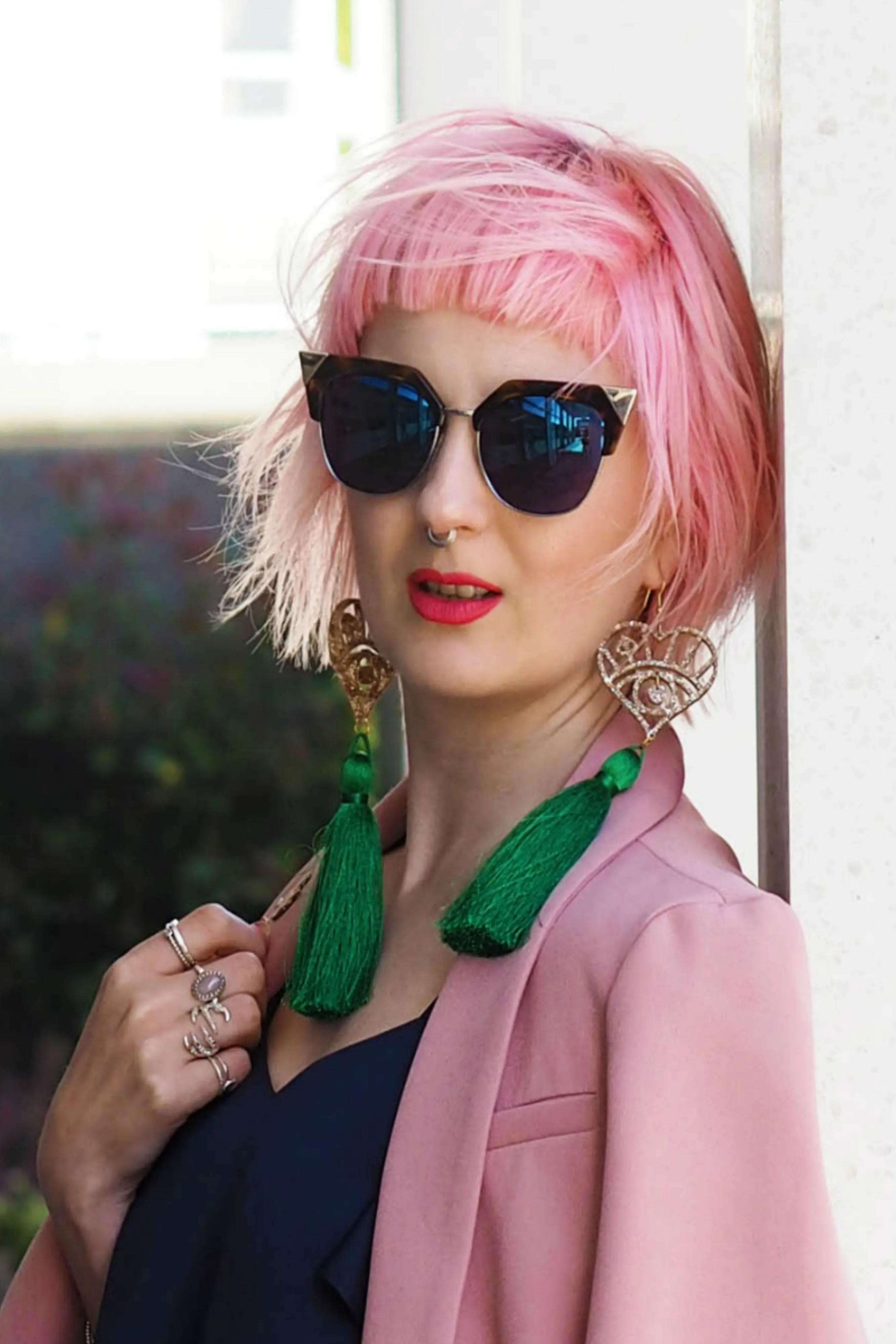 Green Silk Tassel and Gold Glitter Earrings