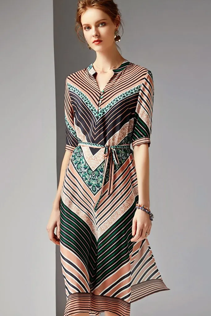 Half Sleeve V-Neck Silk Dress with Belt