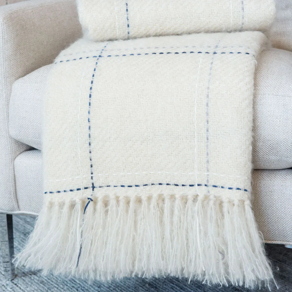 Ivory Blue & Gray Windowpane Handwoven Mohair Throw