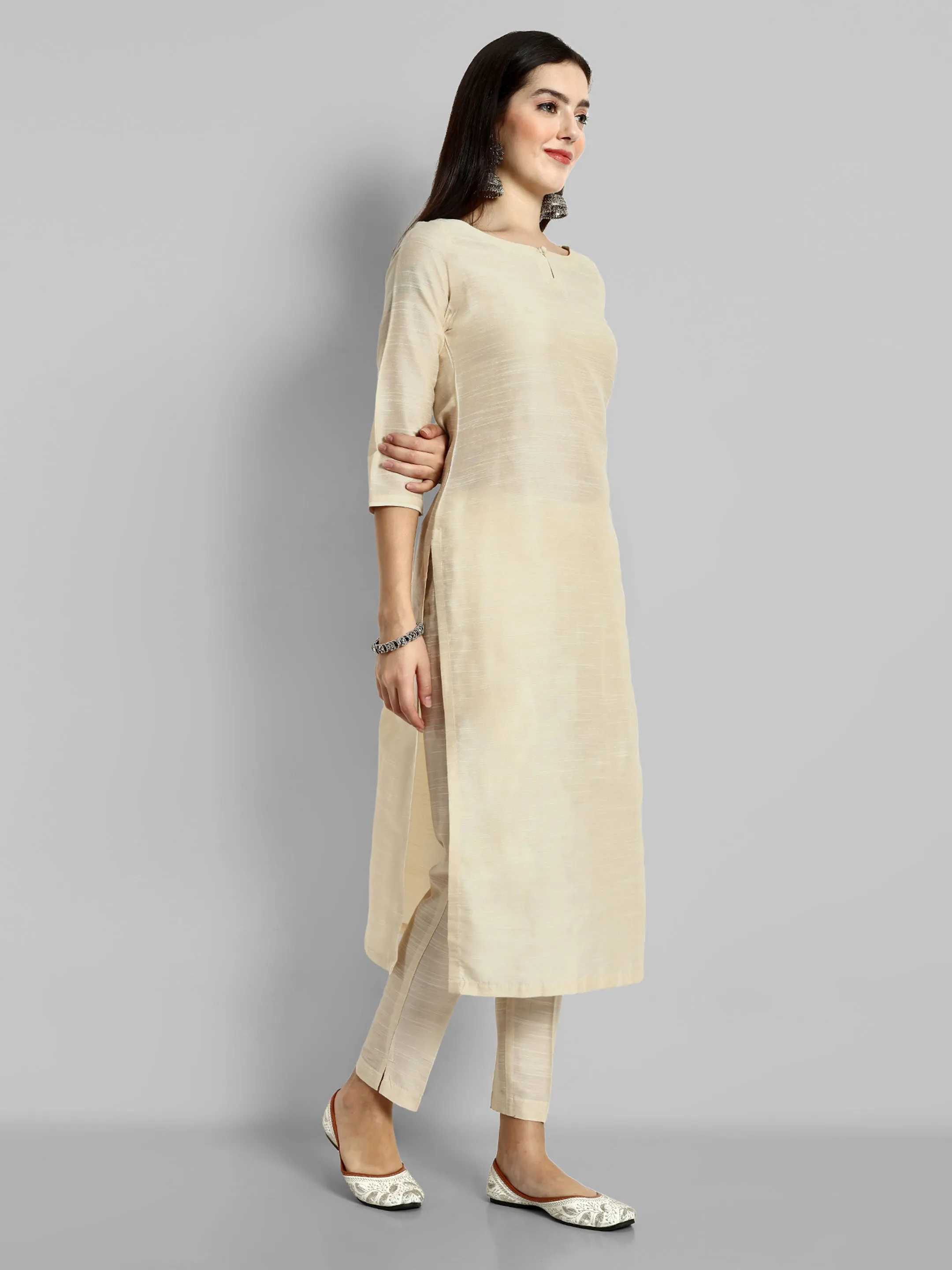 Ivory Boat Neck Kurta with Elasticated Pant - Set of 2