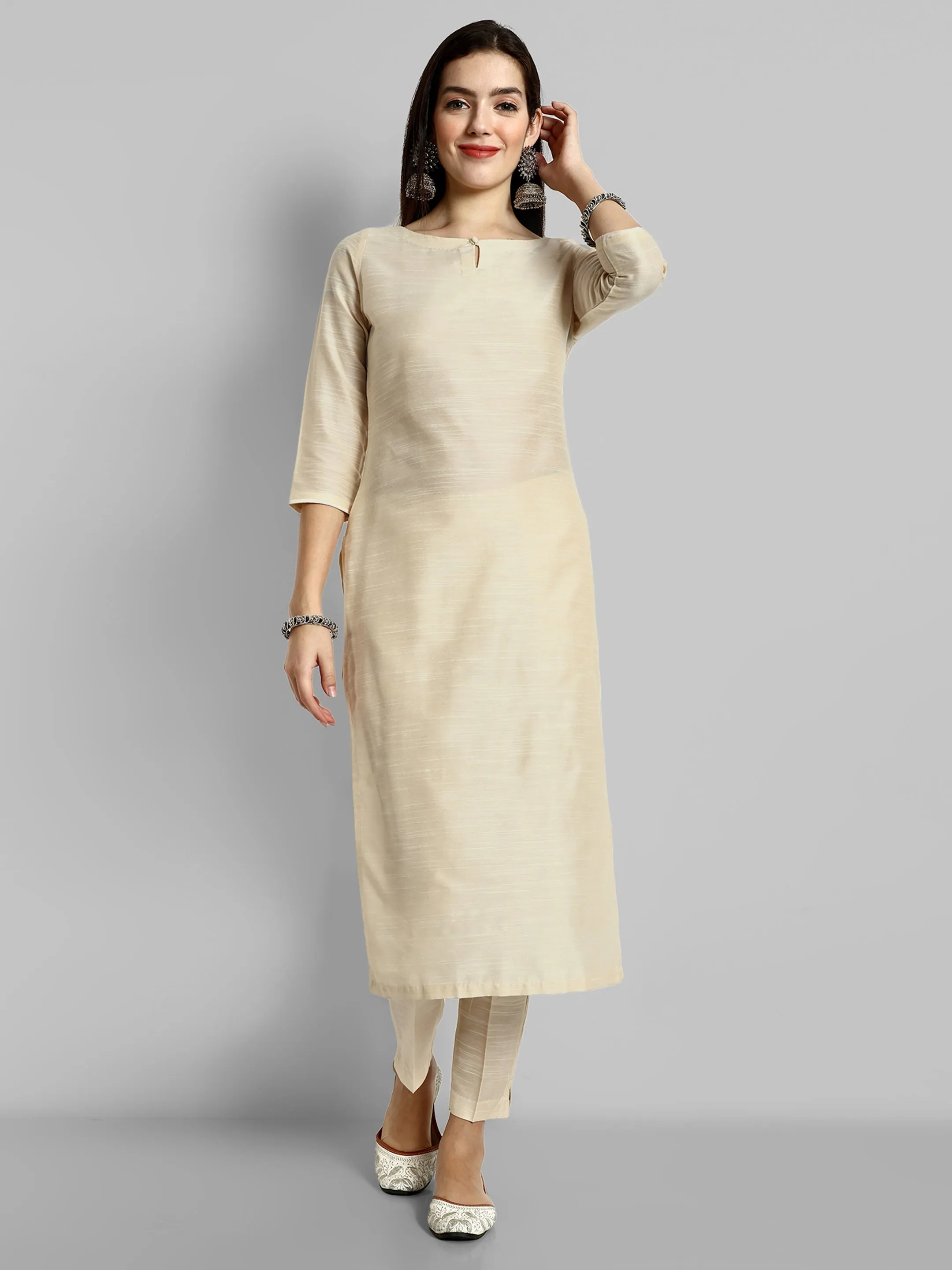 Ivory Boat Neck Kurta with Elasticated Pant - Set of 2