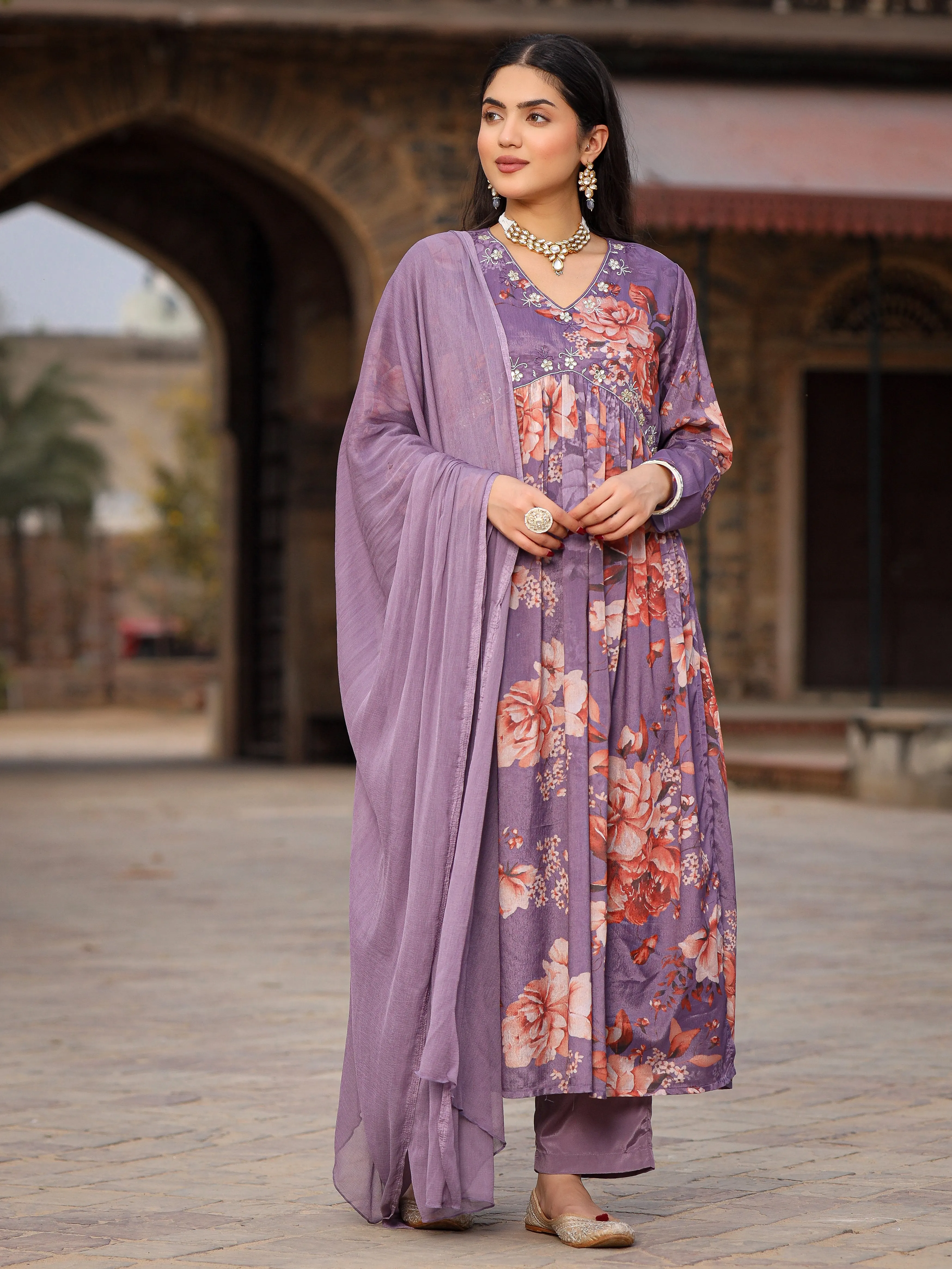 Juniper Mauve Floral Printed Poly Chinnon Kurta Pants & Dupatta Set With Mirror Work Embroidery