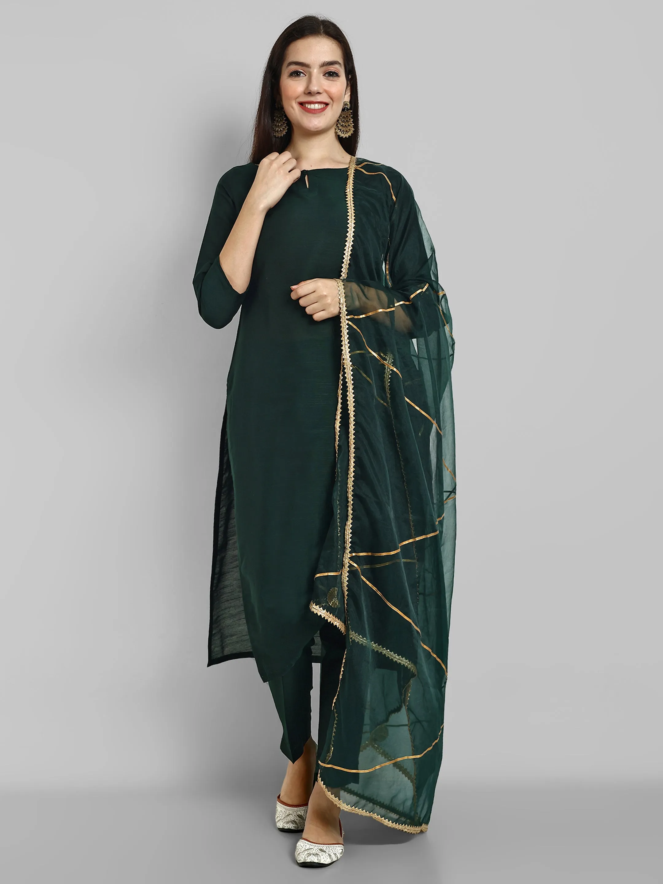 Key hole Bottle Green Boat Neck Style with elasticated pant and Organza Dupatta - Set of 3