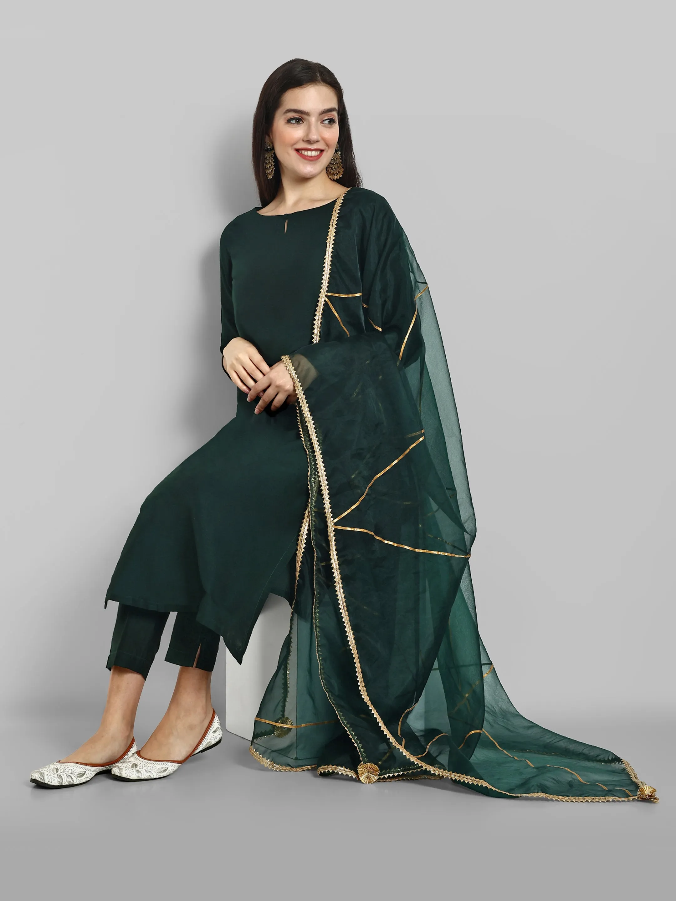 Key hole Bottle Green Boat Neck Style with elasticated pant and Organza Dupatta - Set of 3