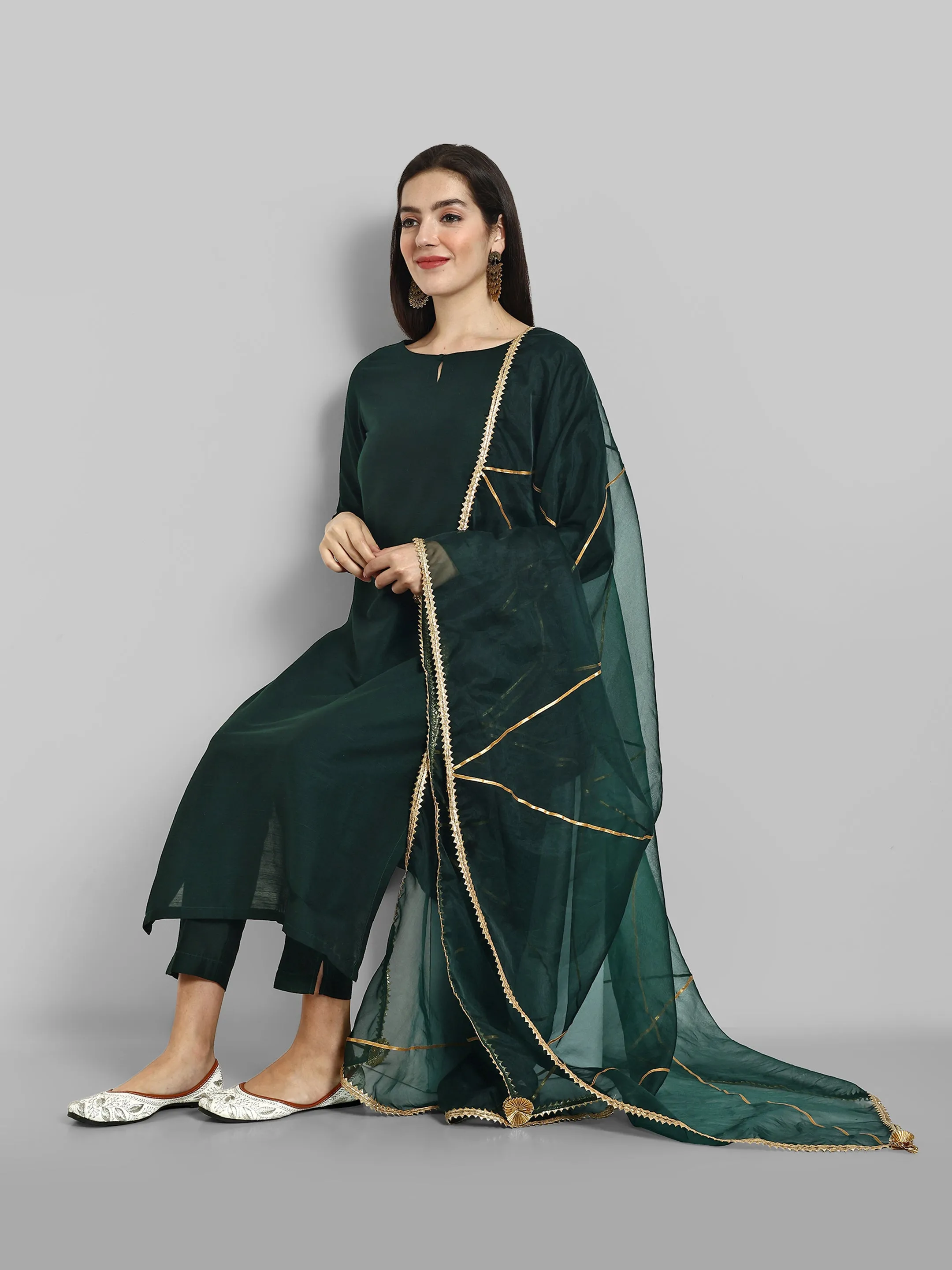 Key hole Bottle Green Boat Neck Style with elasticated pant and Organza Dupatta - Set of 3