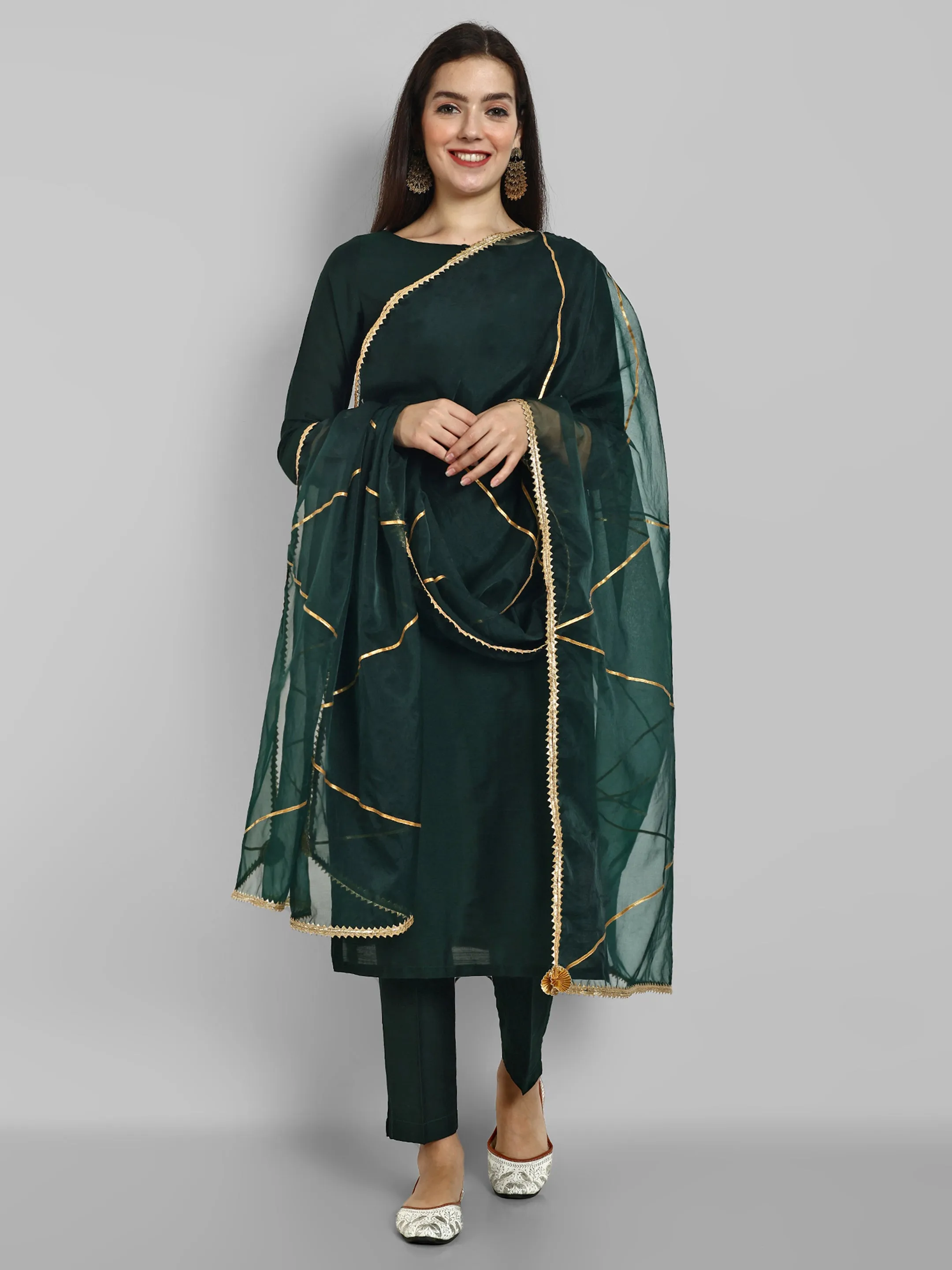 Key hole Bottle Green Boat Neck Style with elasticated pant and Organza Dupatta - Set of 3