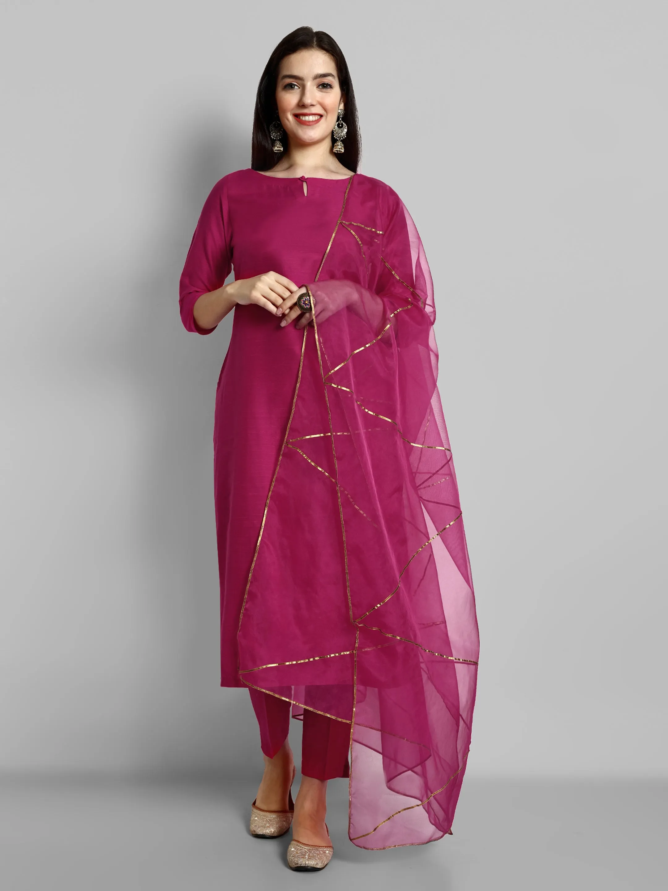 Key hole Hot Pink Boat Neck Style with elasticated pant and Organza Dupatta - Set of 3