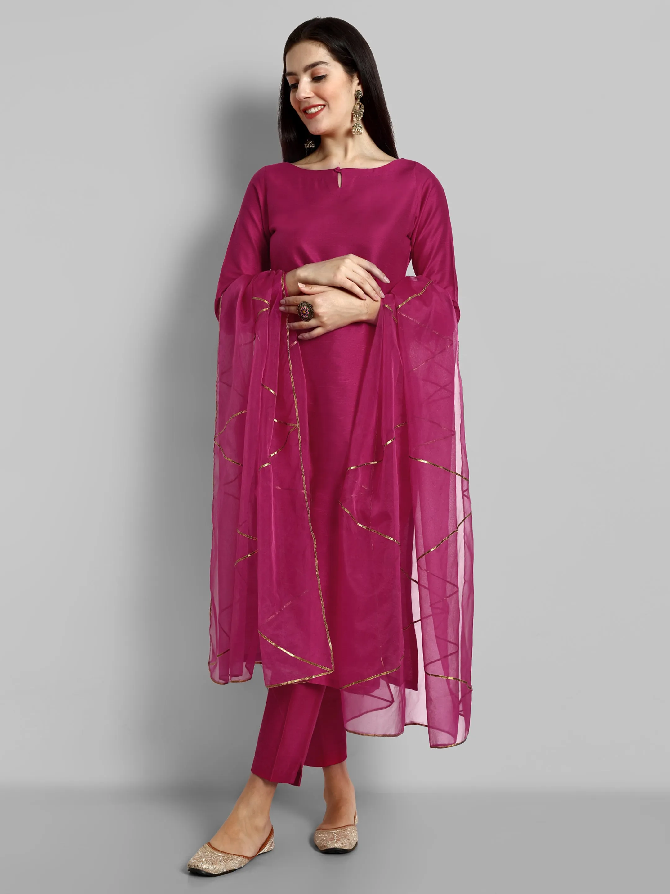 Key hole Hot Pink Boat Neck Style with elasticated pant and Organza Dupatta - Set of 3