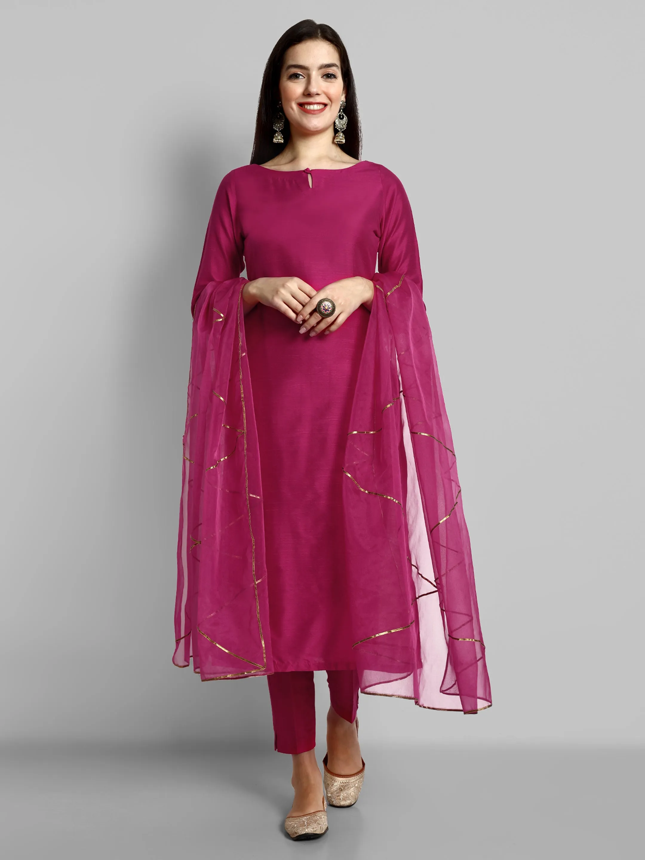 Key hole Hot Pink Boat Neck Style with elasticated pant and Organza Dupatta - Set of 3