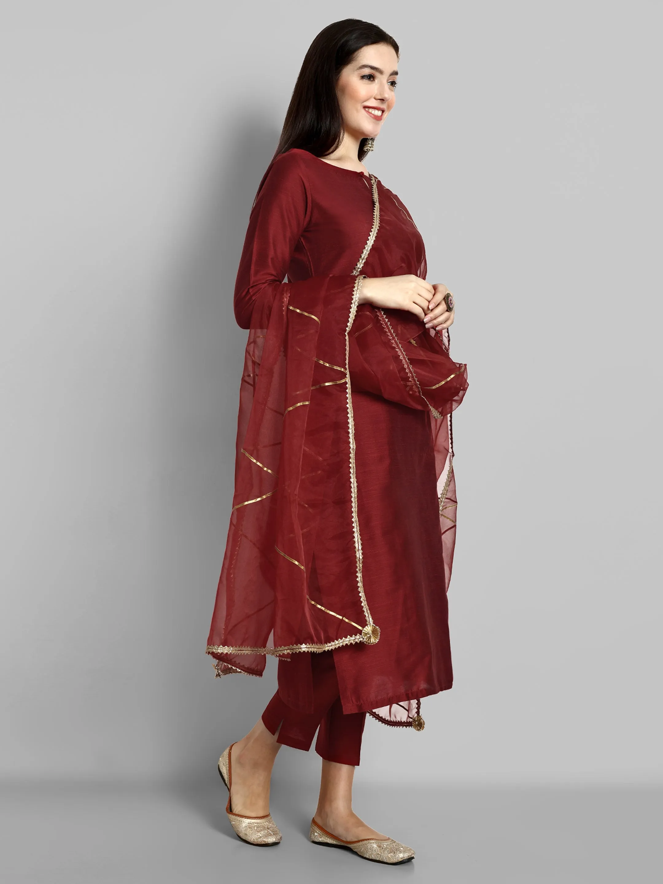 Key Hole Maroon Boat Neck kurta with elasticated Pant and Organza Dupatta - Set of 3