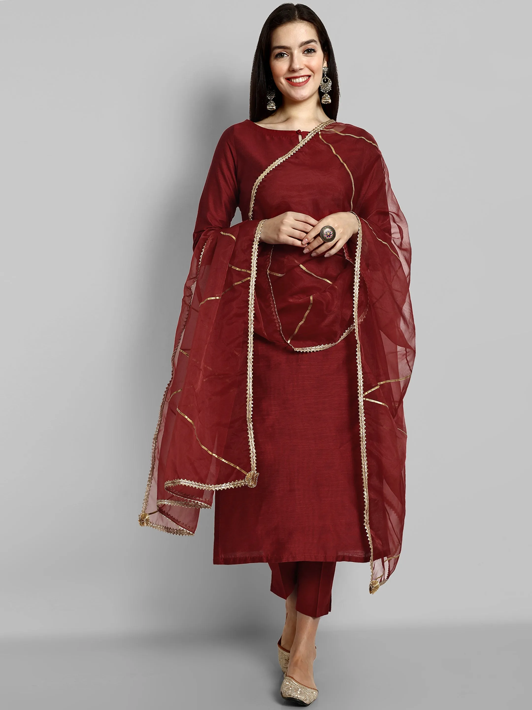 Key Hole Maroon Boat Neck kurta with elasticated Pant and Organza Dupatta - Set of 3