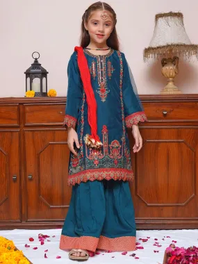 Kids Teal Embroidered Organza 3-Piece Gharara Suit