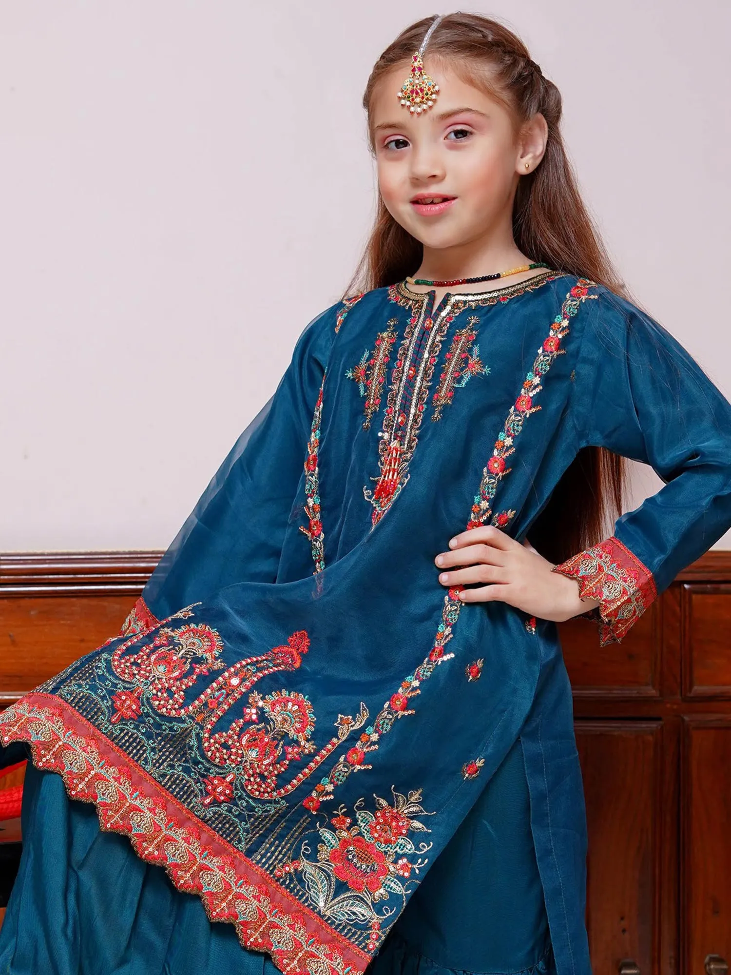 Kids Teal Embroidered Organza 3-Piece Gharara Suit