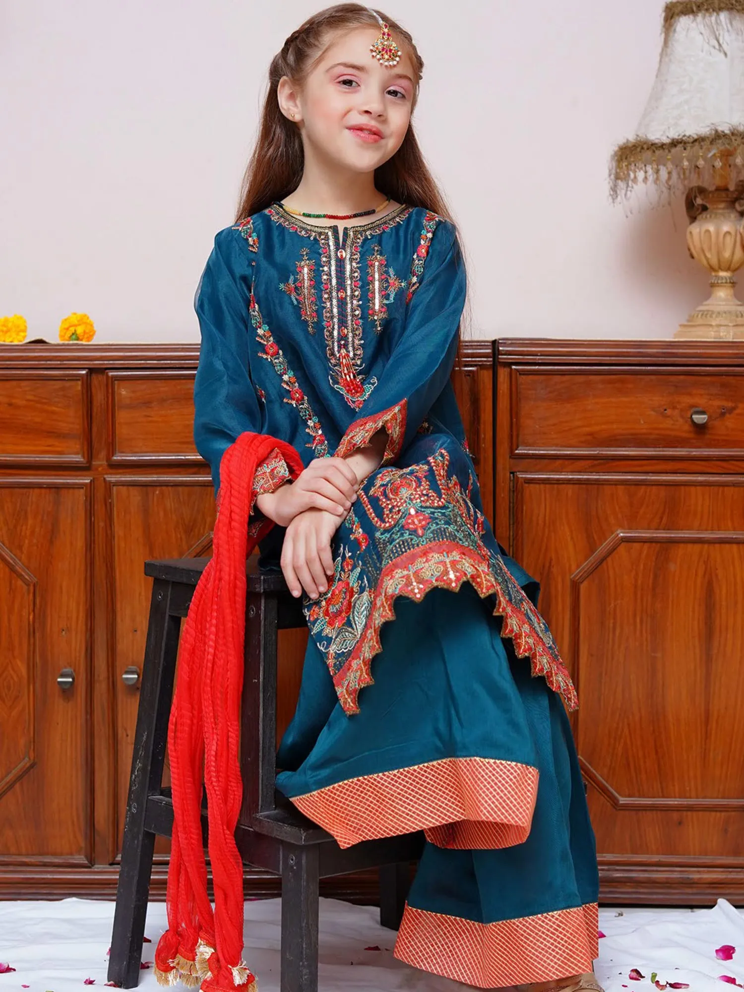 Kids Teal Embroidered Organza 3-Piece Gharara Suit