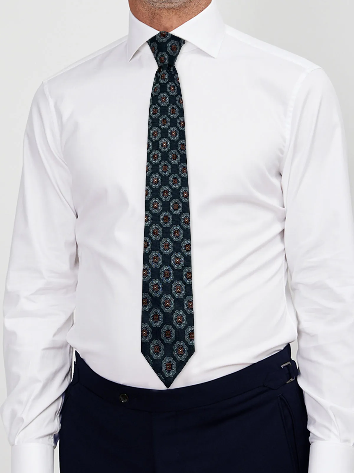 Large Mon Motif in Green, Teal & Tangerine Tie