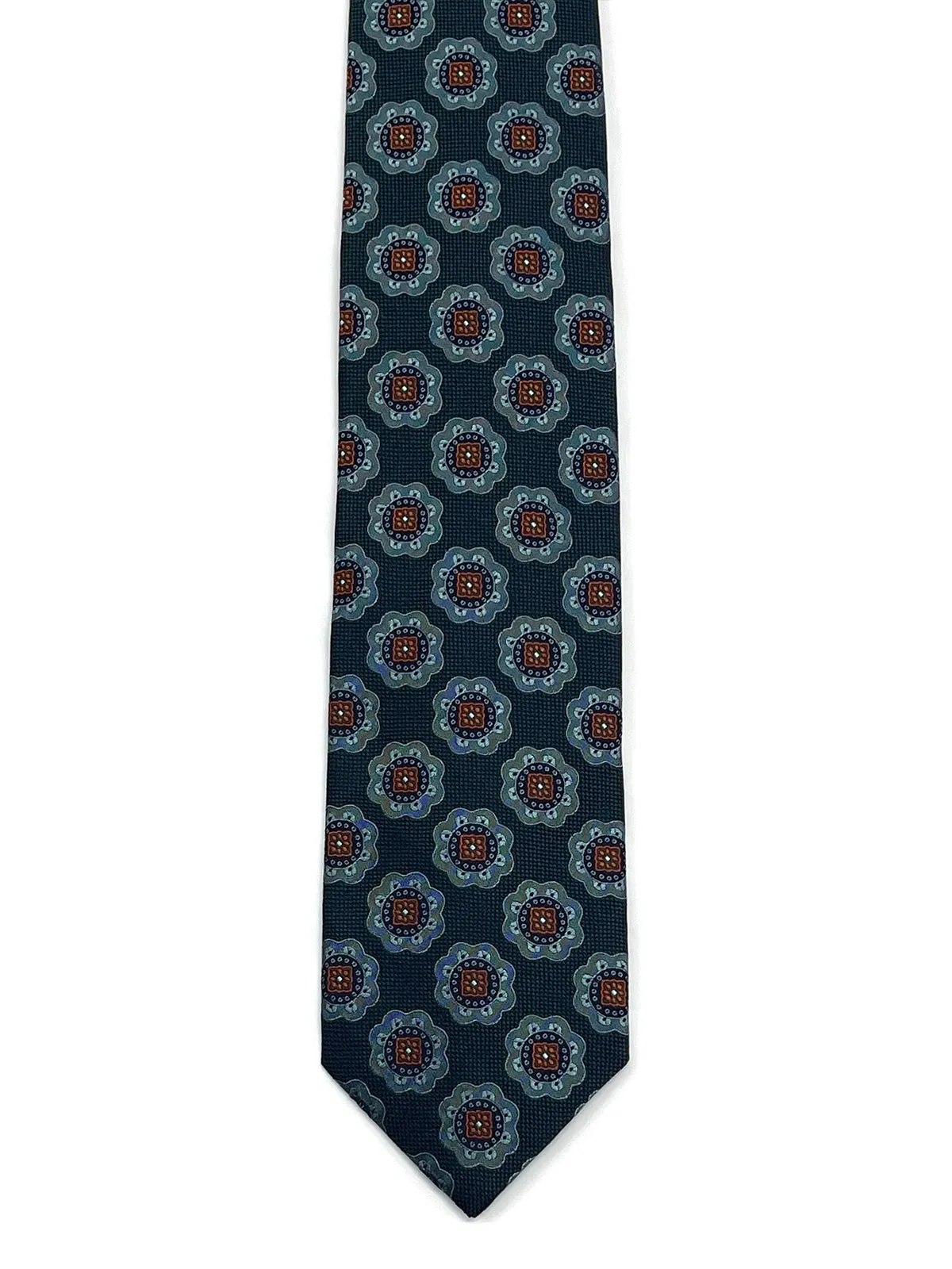 Large Mon Motif in Green, Teal & Tangerine Tie