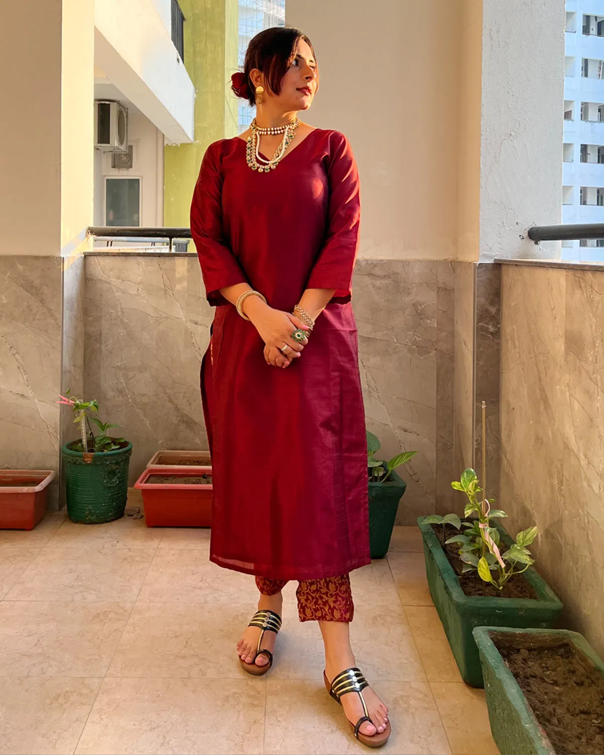 Lila Maroon Silk Kurta & Pants - Set of 2