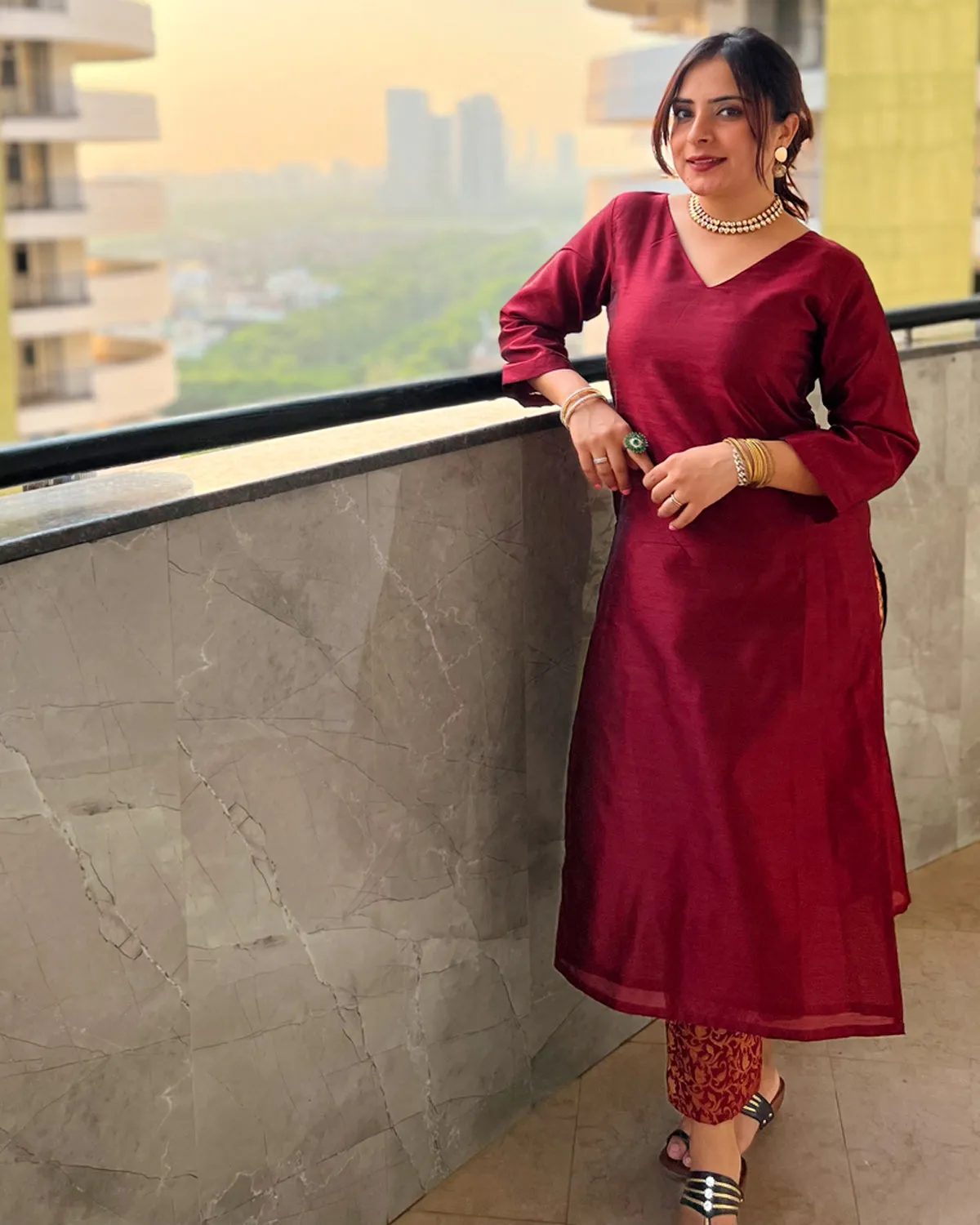 Lila Maroon Silk Kurta & Pants - Set of 2