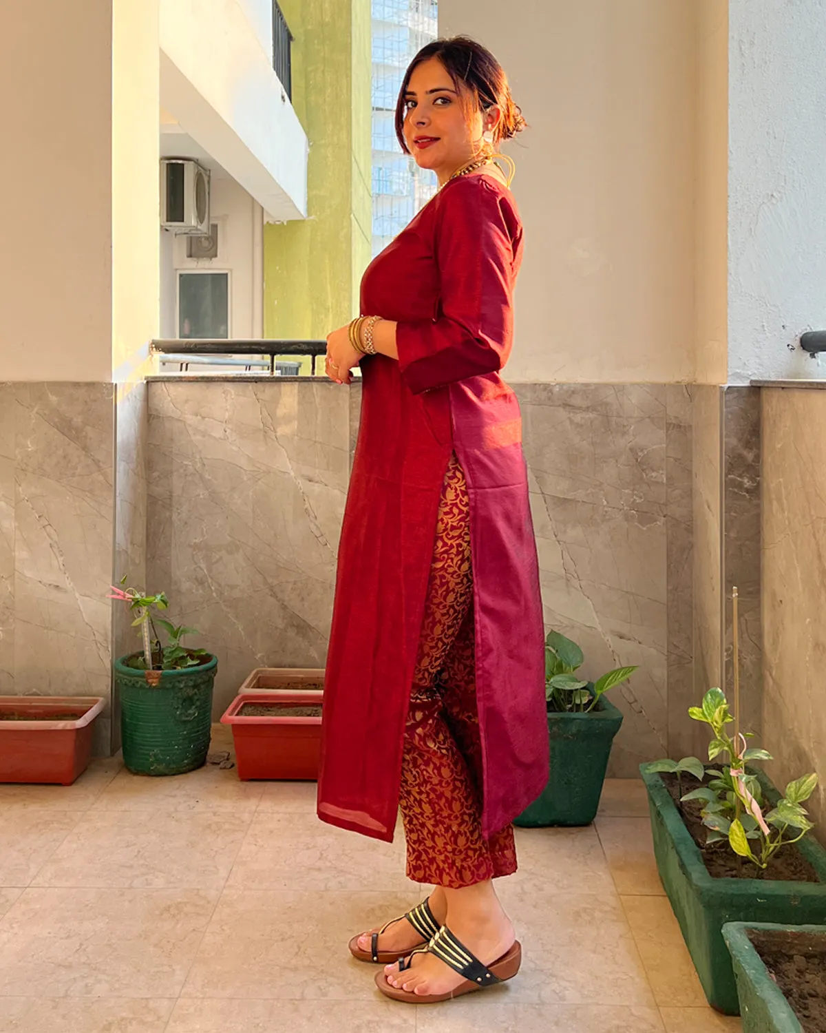 Lila Maroon Silk Kurta & Pants - Set of 2