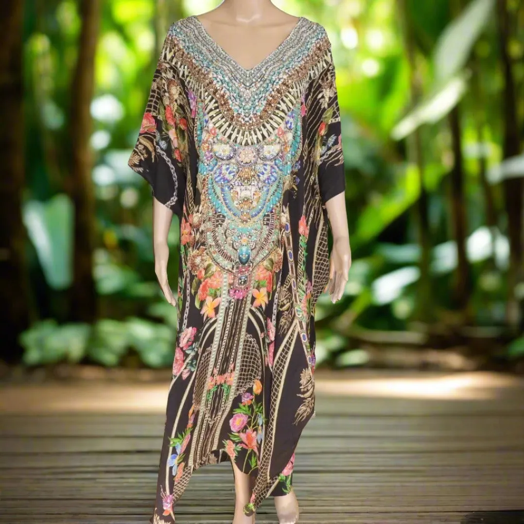 Long Box Embellished Silk Kaftan - Capri