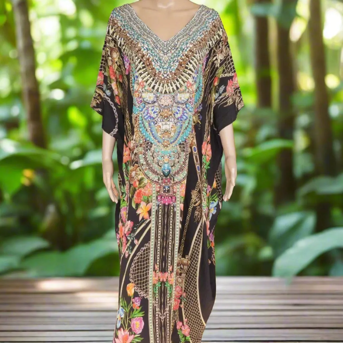 Long Box Embellished Silk Kaftan - Capri