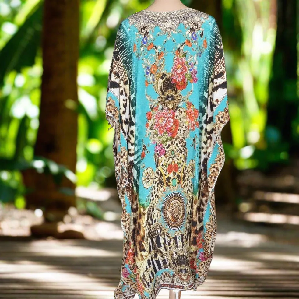 Long Silk Embellished Cold Shoulder Kaftan - Garden Delight