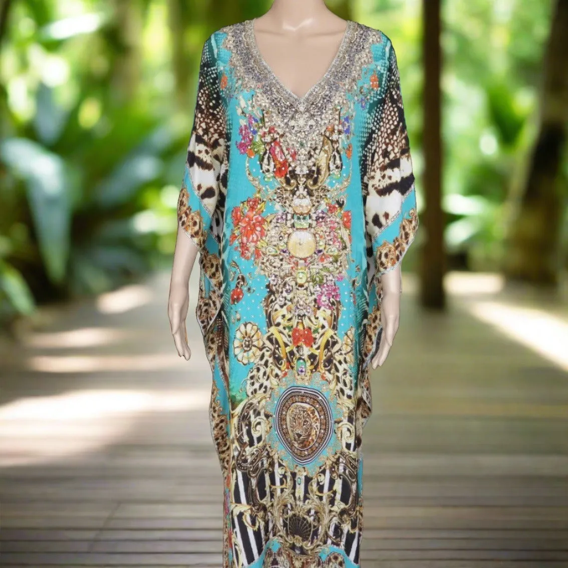 Long Silk Embellished Cold Shoulder Kaftan - Garden Delight