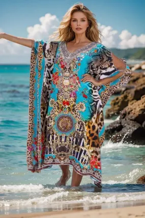 Long Silk Embellished Cold Shoulder Kaftan - Garden Delight