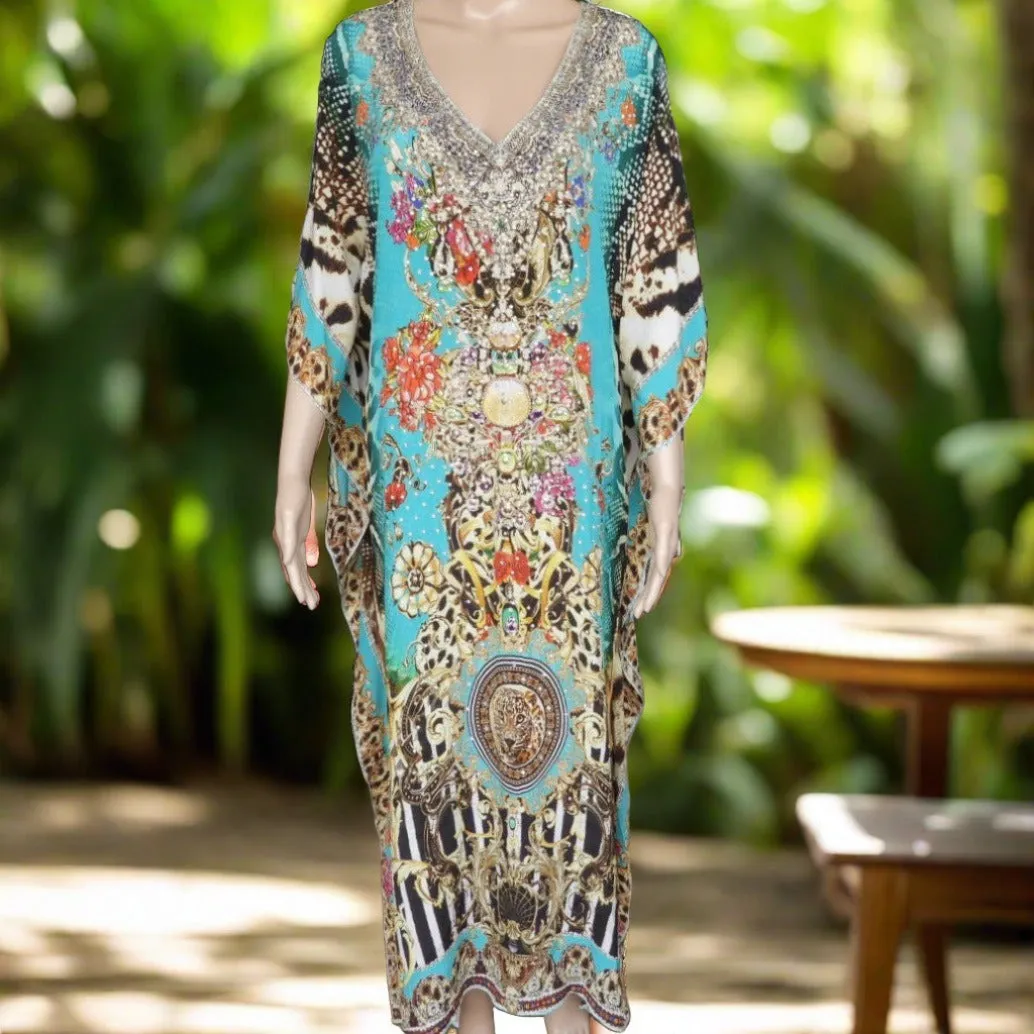 Long Silk Embellished Cold Shoulder Kaftan - Garden Delight