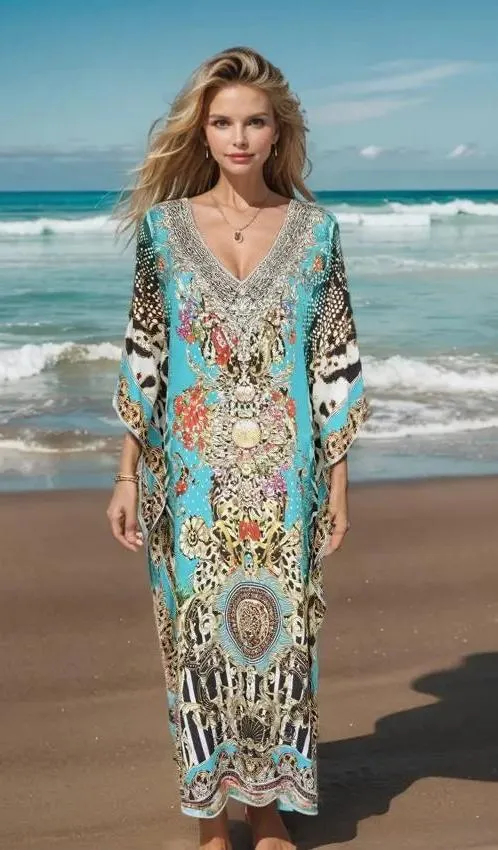 Long Silk Embellished Kaftan - Garden Delight