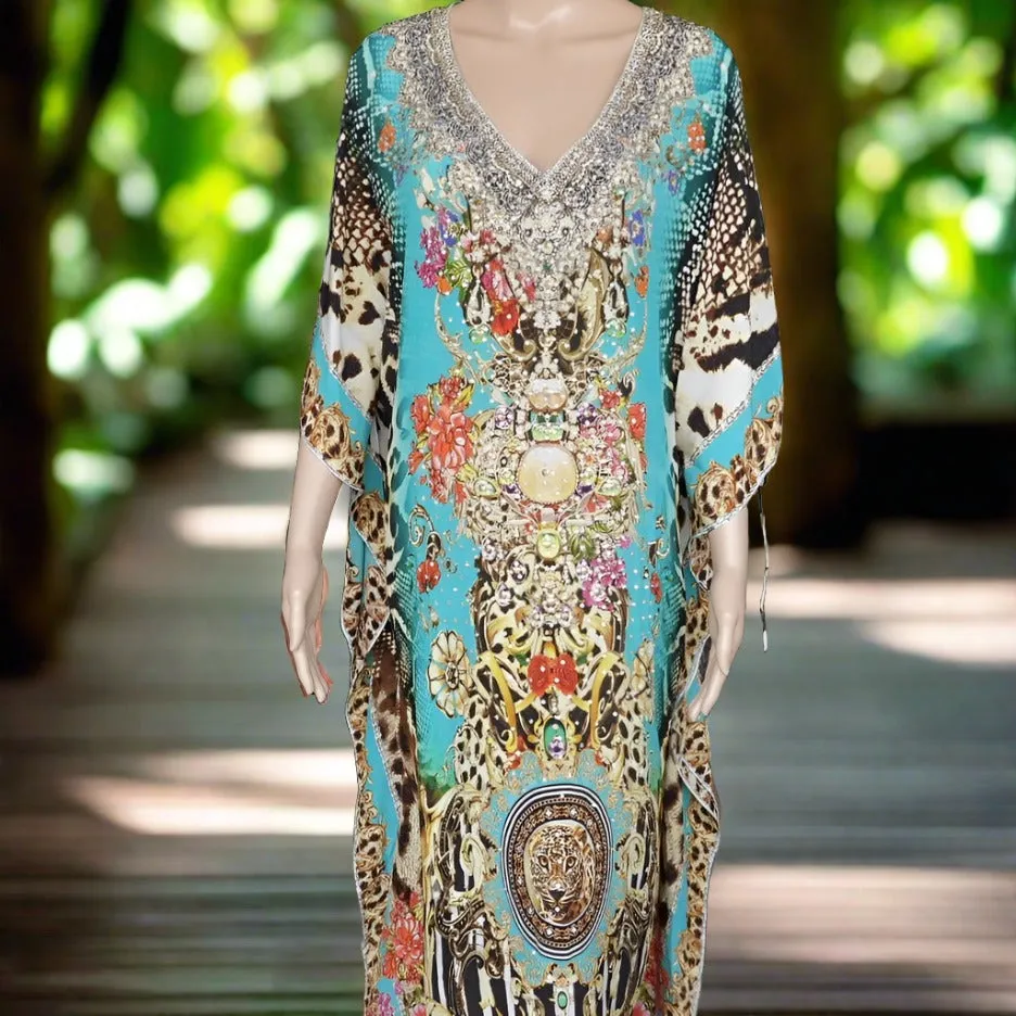 Long Silk Embellished Kaftan - Garden Delight