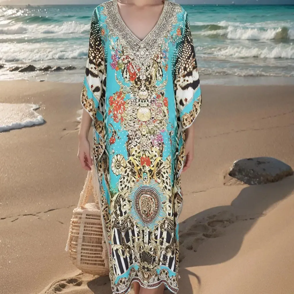 Long Silk Embellished Kaftan - Garden Delight